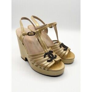Chanel Gold Patent Leather Wedge Heels w/ Beaded CC Logo Sandal T-Strap Sz EU 38